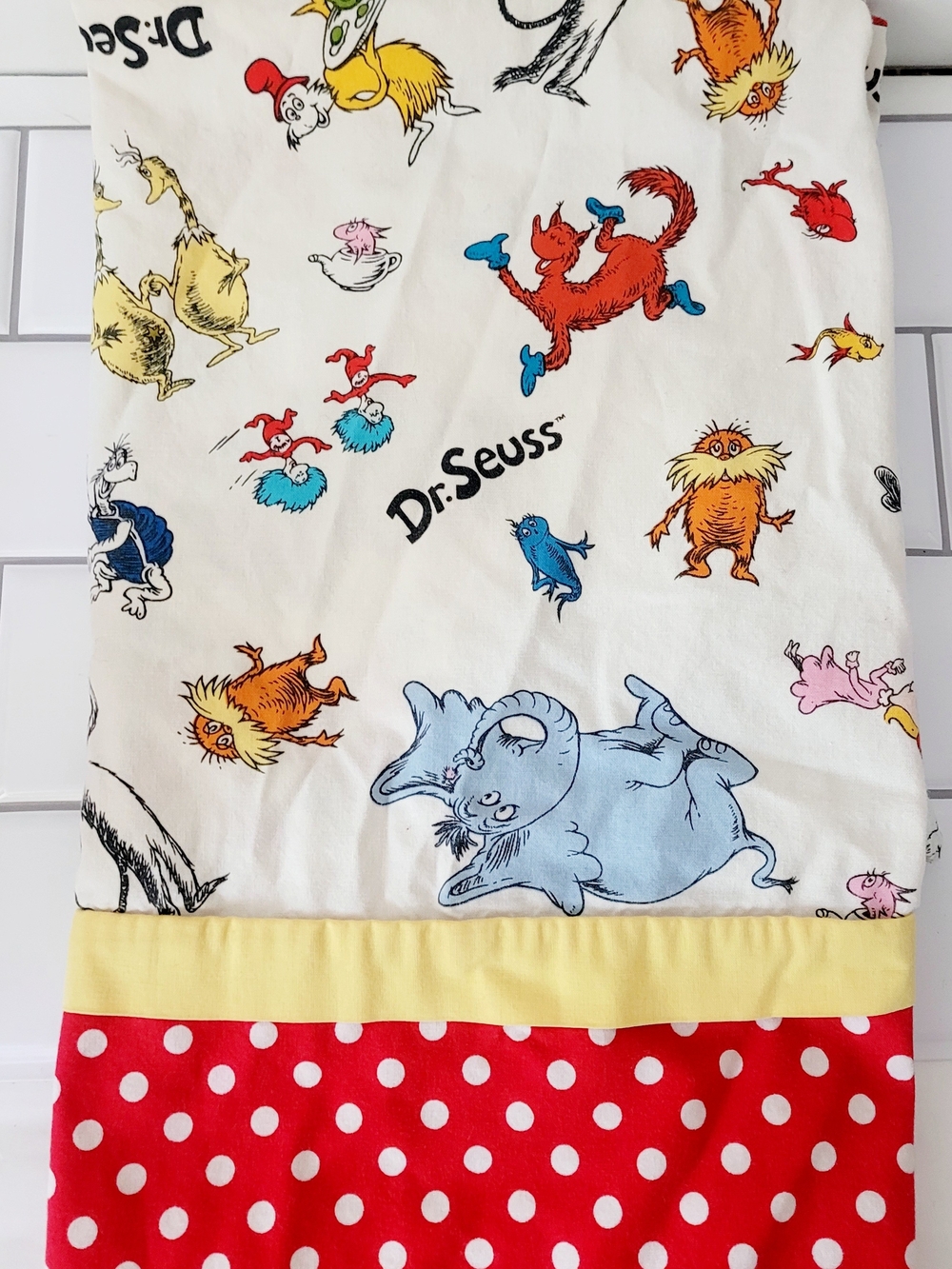Dr. Seuss Kids Pillowcase with Polka Dot Red & Yellow Trim